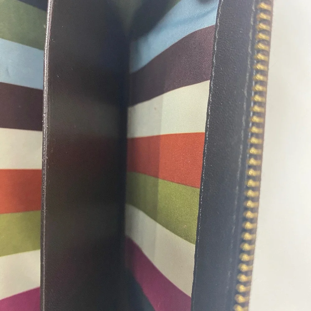 Coach Womens Brown Signature Canvas‎ Monogram Legacy Stripe Tri-Fold Wallet Snap